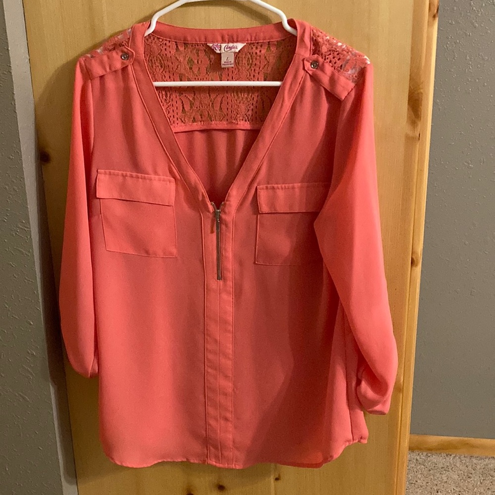 Coral Zipper V-Neck Blouse